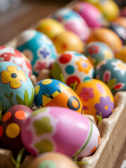 Row of colorfully painted Easter eggs