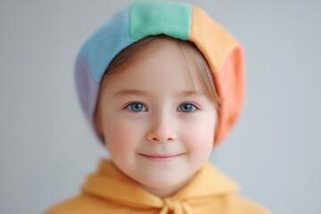 capture joyful portrait of child in costume for vibrant party with blurred background to highlight their colorful attire