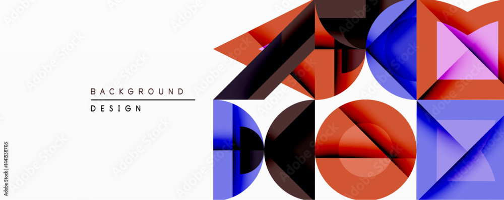 Poster Abstract geometric composition. Overlapping shapes create dynamic visual effect. Blue, red, purple hues dominate design. Modern aesthetic, clean lines, minimalist style.