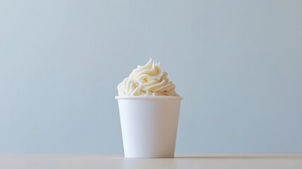 Creamy whipped topping in a small white paper cup