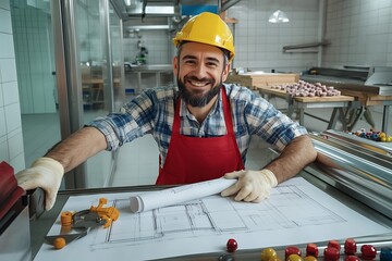 Mechanical engineer reviewing blueprints in factory setting with confectionery equipment