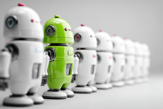 Row of white robots with a coloured one in between