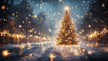 Snowy night, illuminated Christmas tree