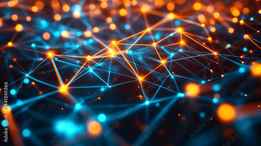 Poster abstract connectivity in data flow description with network connected various lines and glowing effe