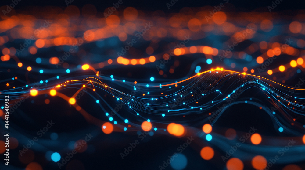Poster abstract connectivity in data flow description with network connected various lines and glowing effe