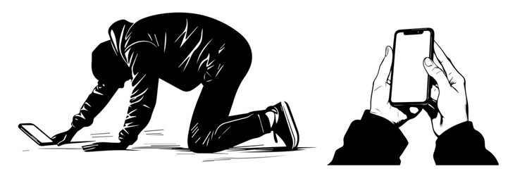 silhouette, black and white, smartphone, mobile phone, hand holding phone, person with smartphone, man silhouette, woman silhouette, mobile device, digital device, minimalistic, monochrome, communicat