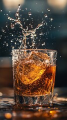 Golden Liquid Cascade Ice Cubes Plunge, Creating a Stunning Amber Splash in a Glass