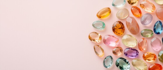 A colorful assortment of various gemstones displayed on a soft pink background, showcasing their unique shapes and vibrant hues.