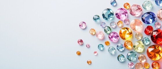 A vibrant assortment of colorful gemstones scattered on a light background, showcasing their brilliance and variety.