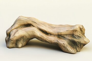 A sculpted, natural wood bench, presented on a neutral backdrop.