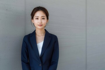 Confident young woman standing against a light gray wall wearing a dark navy blazer and white top, with a calm and composed expression in a minimalistic setting