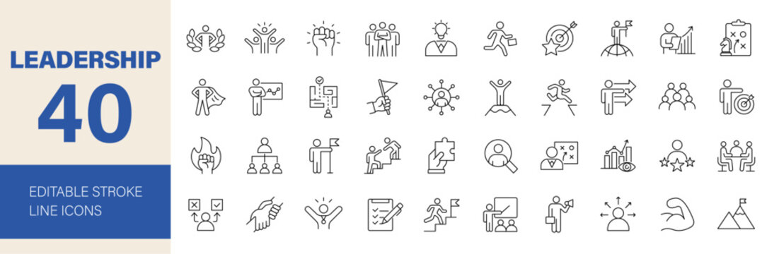 Leadership icon set. Containing management, leader, business, vision, guidance, mentorship, coaching, influence, delegation and more. Editable line icons. Vector illustration.