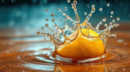 Bright yellow citrus fruit dramatically splashes into liquid creating dynamic droplets frozen