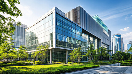 Fototapeta premium Modern glass buildings with reflective facades set against a bright fluffy white clouds, Sleek facade of modern glass office architecture reflecting the sky, Sustainable glass office building design.
