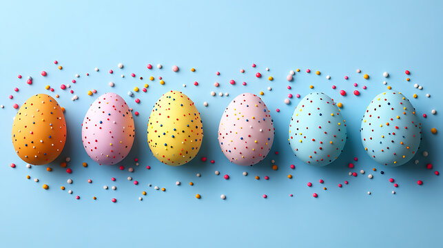 Easter eggs with colorful sprinkles in a row against pastel blue background spring holiday season celebration decorative colorful eggs festive arrangement