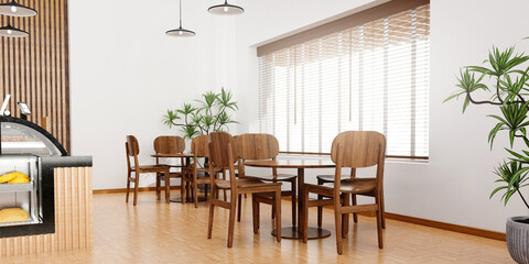 Stylish coffee shop seating area with plants and natural light, 3D render illustration
