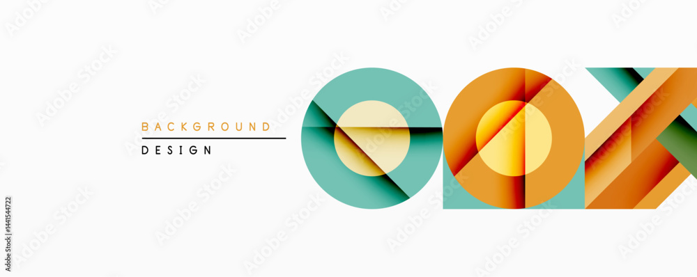 Poster abstract geometric design features layered circles, squares. warm orange, cool teal colors create mo