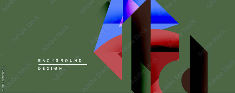 Poster abstract geometric design features vibrant red, blue gradients. shapes overlap creating depth, shado