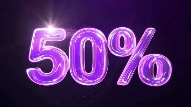 Glowing purple 50 percent neon sign animation on dark background