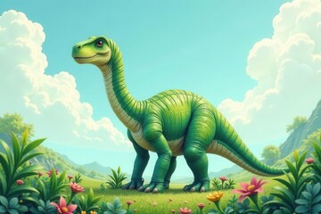 A Serene Green Dinosaur in a Lush Meadow Under a Summer Sky
