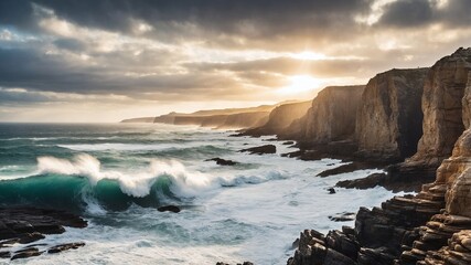 Fototapeta premium Dramatic coastal scenery at sunset with powerful waves.