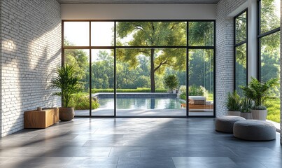 Modern interior design with expansive outdoor views.