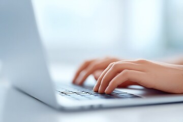 close-up of student hands typing on laptop keyboard in bright minimalistic workspace with ample natural light