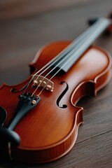 close-up of violin on wooden table captures elegance of classical music