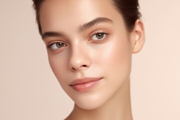 Obraz premium close-up of effortlessly elegant minimalistic everyday makeup on model face set against soft neutral background perfect