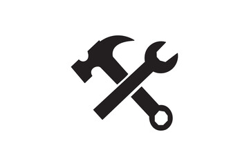 Minimalist crossed hammer and wrench icon, simple line drawing of hand tools, clean thin line repair symbol