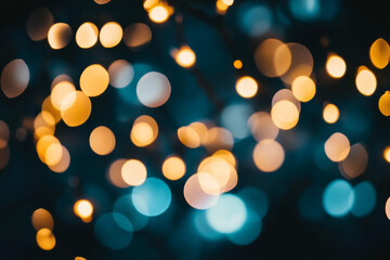 Obraz premium Abstract bokeh lights create mesmerizing effect on dark background, evoking sense of warmth and celebration. soft glow of yellow and blue lights adds magical touch to any setting