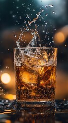 Golden liquid splashes into a glass filled with ice, creating a vibrant and refreshing scene. The amber hue shimmers under the warm, ambient light.