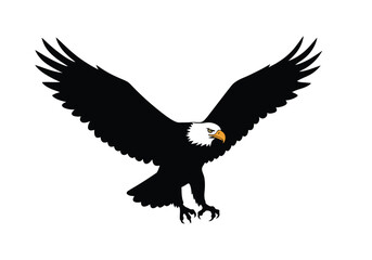 Obraz premium Sea eagle silhouette. This image shows a sea eagle, also known as a bald eagle, in a silhouette style with its wings spread wide and talons extended. Vector clipart illustration design.