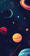 space background featuring colorful planets, stars, and cosmic elements creates mesmerizing view of universe. planets vary in size and color, showcasing beauty of outer space