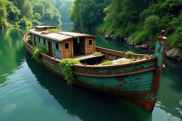 Obraz premium A weathered teal and brown vessel, reclaimed by nature, serenely rests on a tranquil, emerald green river, nestled amongst lush, verdant foliage