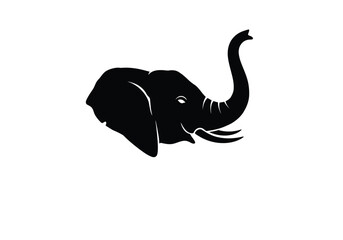 Elephant head silhouette. This image shows a bold black silhouette of an elephant head, highlighting its curved tusks, large ears, and distinctive trunk. Vector clipart illustration design.