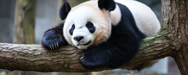 Obraz premium Relaxed giant panda resting on a branch.