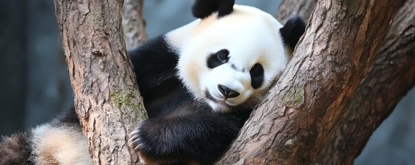 Obraz premium Sleepy panda rests comfortably in a tree.