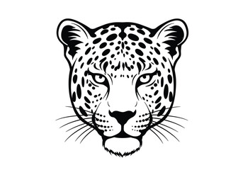 Leopard face silhouette. This image shows a bold black silhouette of a leopard's face, featuring sharp contours, distinct feline features, and patterned details. Vector clipart illustration design.