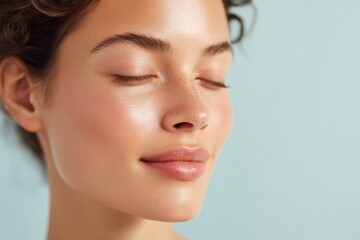 Obraz premium close-up portrait of serene individual using anti-aging skincare products on blurred pastel background