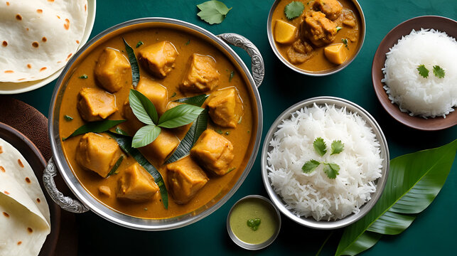 Chicken curry with pathir and ideyappam,a good combination of chicken curry with nice pathiri ,white pathiri and ideyappam arranged on dark green texture background.
