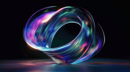 iridescent translucent torus shape glowing with vibrant neon colors on a dark background creating a futuristic and mesmerizing atmosphere