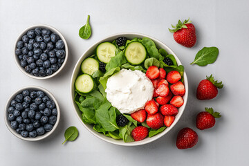 Ricotta Cheese Salad With Strawberry Blueberry and Cucumber on Spinach, Flat lay style