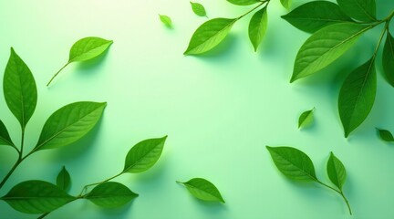 Vibrant Green Leaves Arranged on a Pastel Background, Forming a Natural Frame for Your Text or Design
