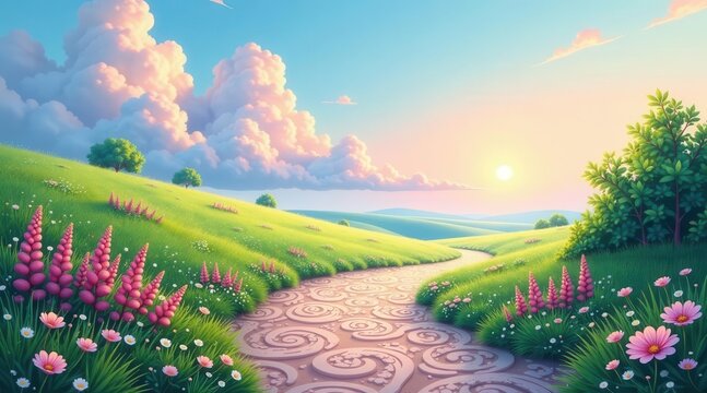 Serene Meadow Path at Sunset A Whimsical Landscape with Rolling Hills, Lush Grass, and Ornate Stone Pathway Adorned with Vibrant Blossoms Under a Dreamy Sky