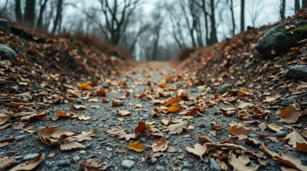 Obraz premium A tranquil pathway covered in fallen autumn leaves leads through a dense forest on a cloudy day, creating a serene and contemplative atmosphere within a scene dominated by earthy tones.