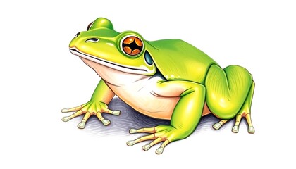 A Detailed Illustration of a Vibrant Green Tree Frog with Striking Orange Eyes, Sitting on a White Background