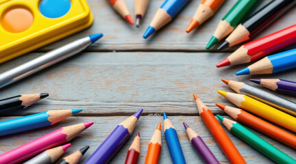 Colorful pencils and paint set arranged on a wooden surface, perfect for creative art projects.