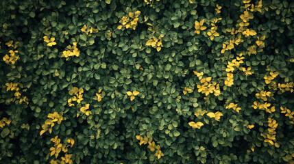 Obraz premium Lush green foliage adorned with vibrant yellow leaves creates stunning natural tapestry, evoking sense of tranquility and beauty in nature design