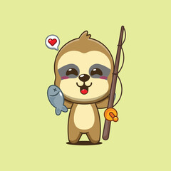 Fototapeta premium Cute sloth cartoon vector illustration catching fish with fishing rod